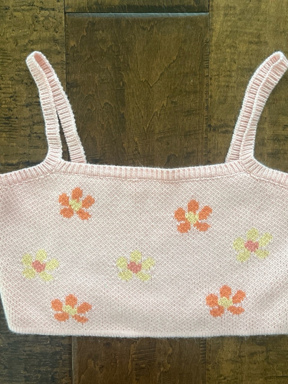 Luca + Grae retro inspired pink knit crop tank top w floral daisy print Sz. L